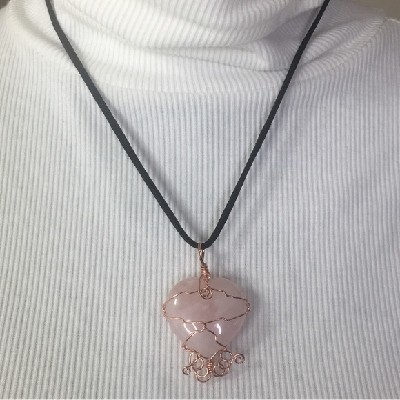 Artisan rose quartz heart pendant on black suede cord 20” - Picture 1 of 4